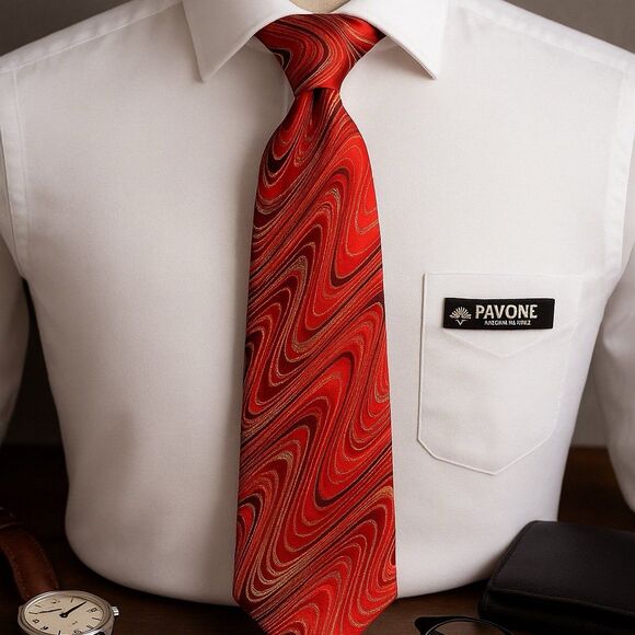 Vintage Pavone Italian Silk Tie Red Gold Marbled Abstract Pattern Made in Italy - Picture 1 of 10